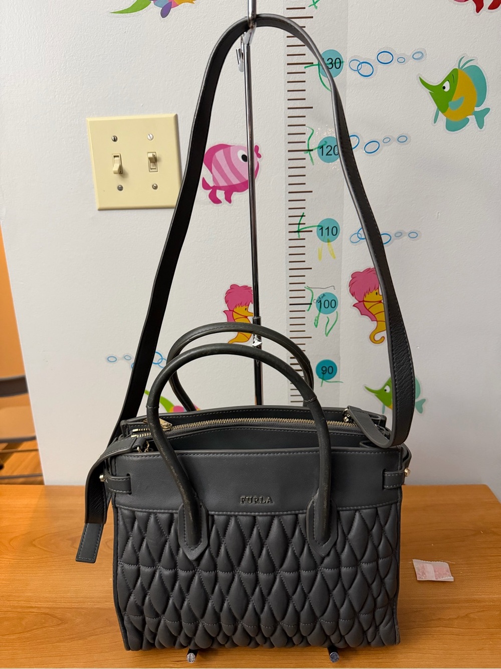 Furla Quilted Gray Leather Satchel with Shoulder Strap